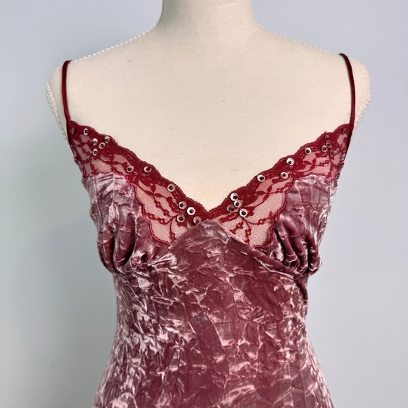 Vintage Betsey Johnson Crushed Velvet Lace Slip Babydoll Dress 4 Pink Coquette - Picture 4 of 13